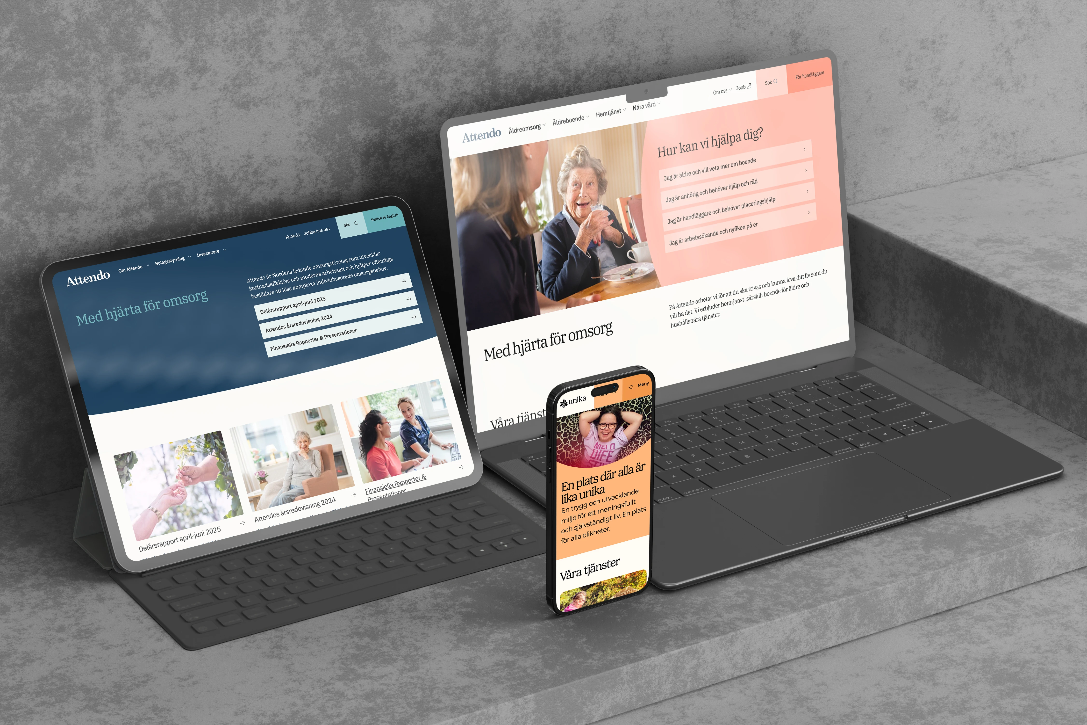Bärbar dator, surfplatta och smartphone som visar olika versioner av Attnedos webbplatser