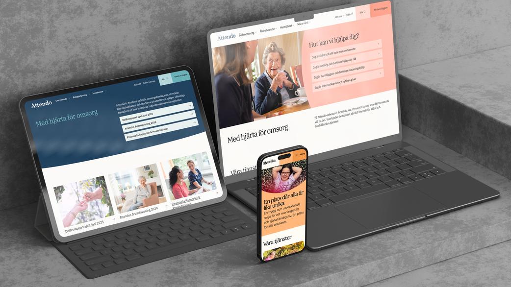 How Attendo's new site appears on mobile, ipad and desktop