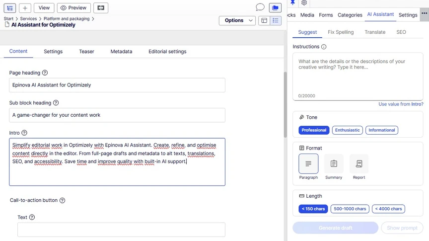 Screenshot of a website interface showing text editing tools for SEO optimization. Text fields display options for creating page heading, teaser, metadata, and editorial settings