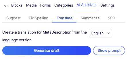 Screenshot of a user interface with options for AI Assistant features, including