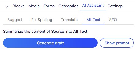 Screenshot of a user interface showing options for AI assistance in generating alt text, with tabs including