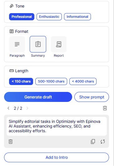 A screenshot of a content creation interface displaying tone, format, and length options, with fields for generating text drafts, including a summary and a report