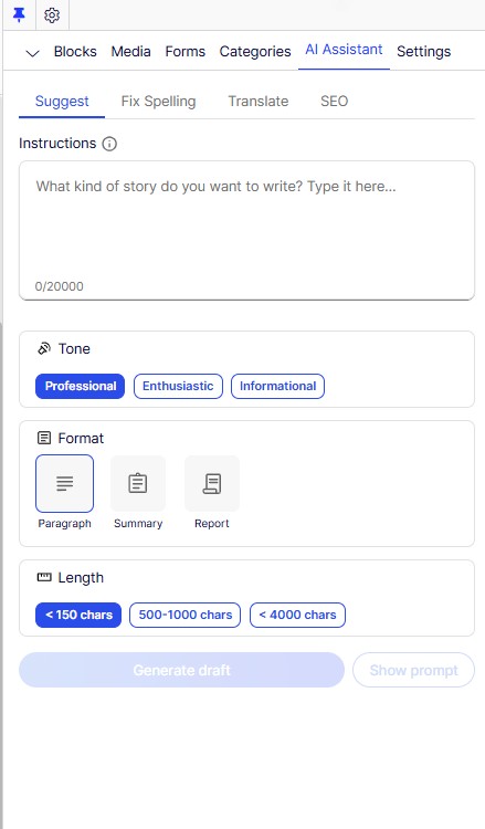 Screenshot of an AI writing assistant interface with fields for inputting text, selecting tone, format, and length, and a button to generate a draft