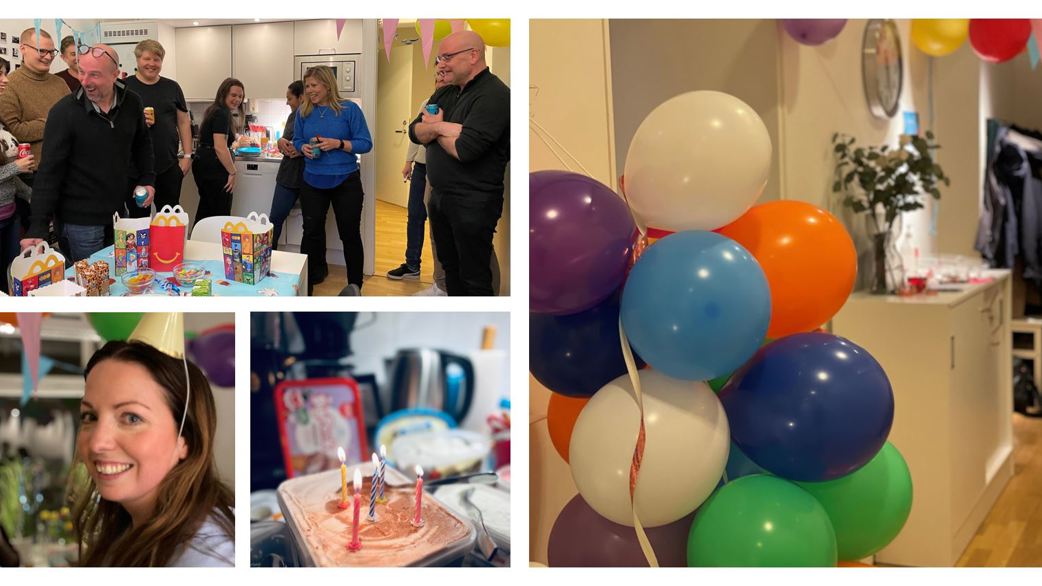 bildkollage med ballonger och glada personer från Epinovas 5-års-kalas