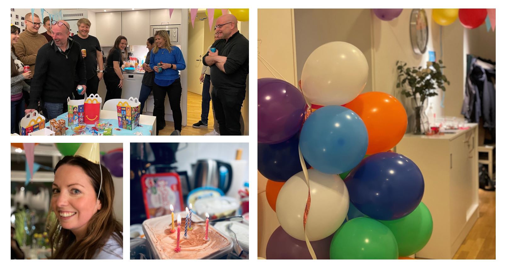 bildkollage med ballonger och glada personer från Epinovas 5-års-kalas
