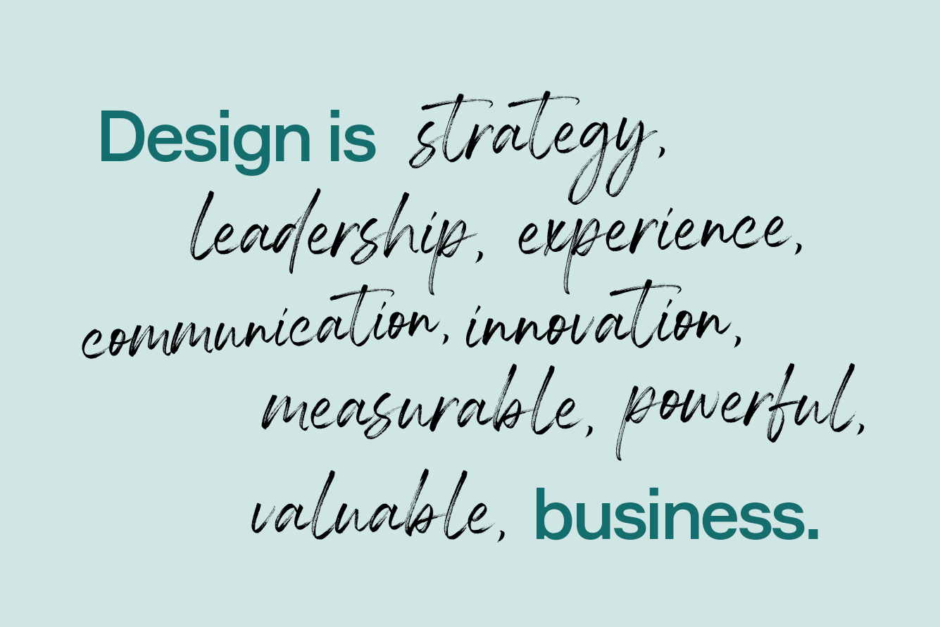 Text saying Design is strategy, leadership, communication, innovation, measurable, powerful and valuable. Business.