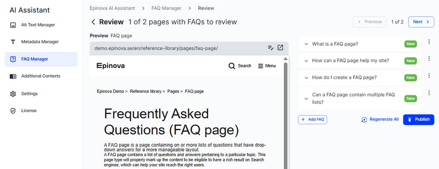 Screenshot of a FAQ page management interface showing options to review FAQ pages, with a preview of the FAQ page content titled