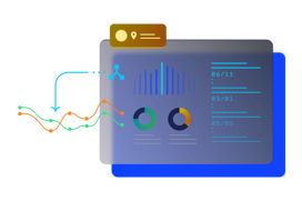 Illustration av dynamiska webbanalysverktyg med linjediagram och cirkeldiagram på mörkblå bakgrund, symboliserande SEO och dataanalys.