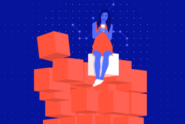 Figure sitting on computer animated mountain