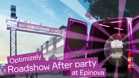 Lila skåpbil med discokula för Optimizely Roadshow efterfest vid Epinova, med bakgrunden av modern arkitektur och Gondolen vid Fotografiska i Stockholm