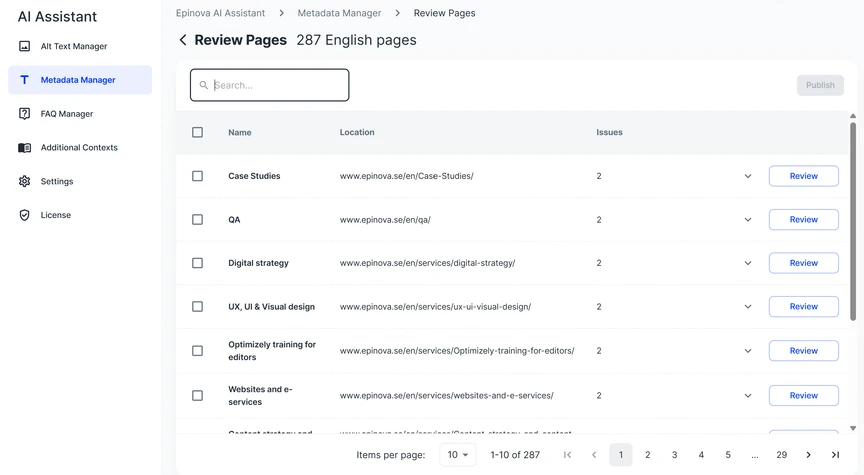 Screenshot of Optimizely CMS showing a list of review pages under the