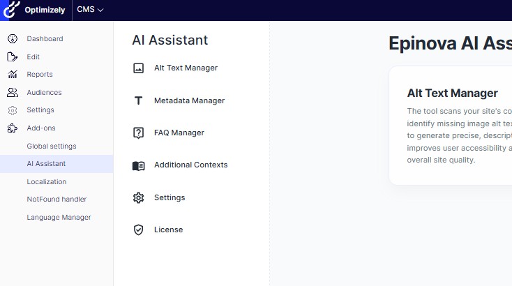 Screenshot of the Optimizely CMS interface featuring an AI Assistant section with options such as Alt Text Manager, Metadata Manager, FAQ Manager, and Additional Contexts listed, alongside navigation options like Dashboard, Reports, and Settings