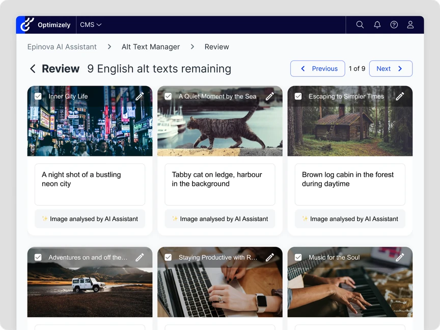 Dashboard interface showing alt text review options for various images, including cityscapes, animals, cabins, vehicles, and hands writing in a notebook