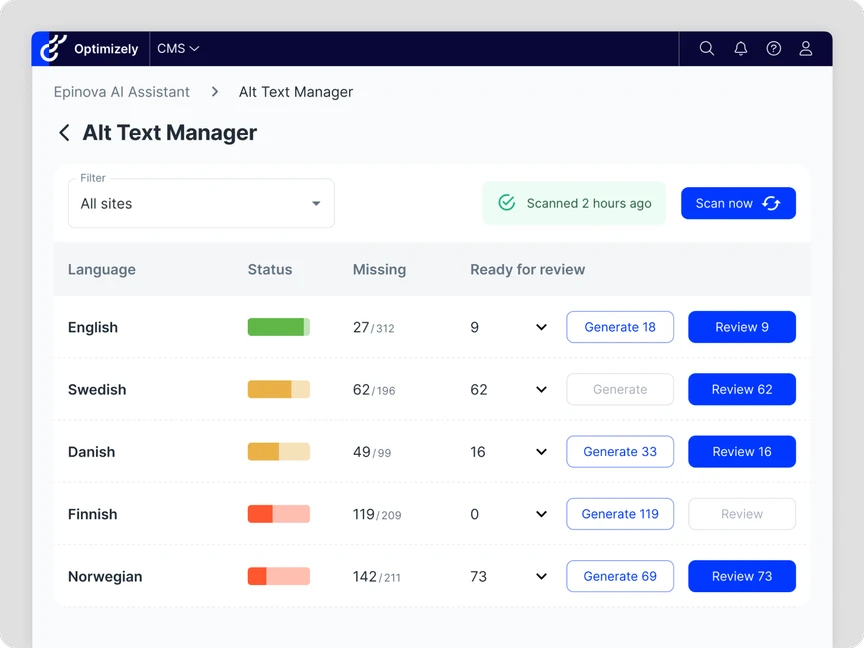 Screenshot of the Epinova Proxima Alt Text Manager interface displaying text management tools, language sections, status indicators, and review buttons for multiple languages
