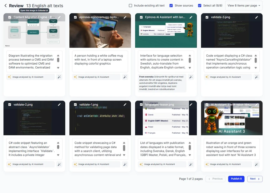 The Proxima Alt Text Manager dashboard featuring multiple thumbnail previews of different alt text descriptions and accompanying example images, designed for reviewing and editing