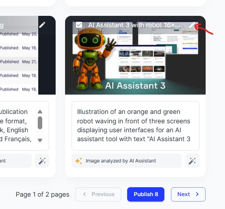 Illustration of an orange and green robot waving in front of three screens displaying user interfaces for an AI assistant tool with text