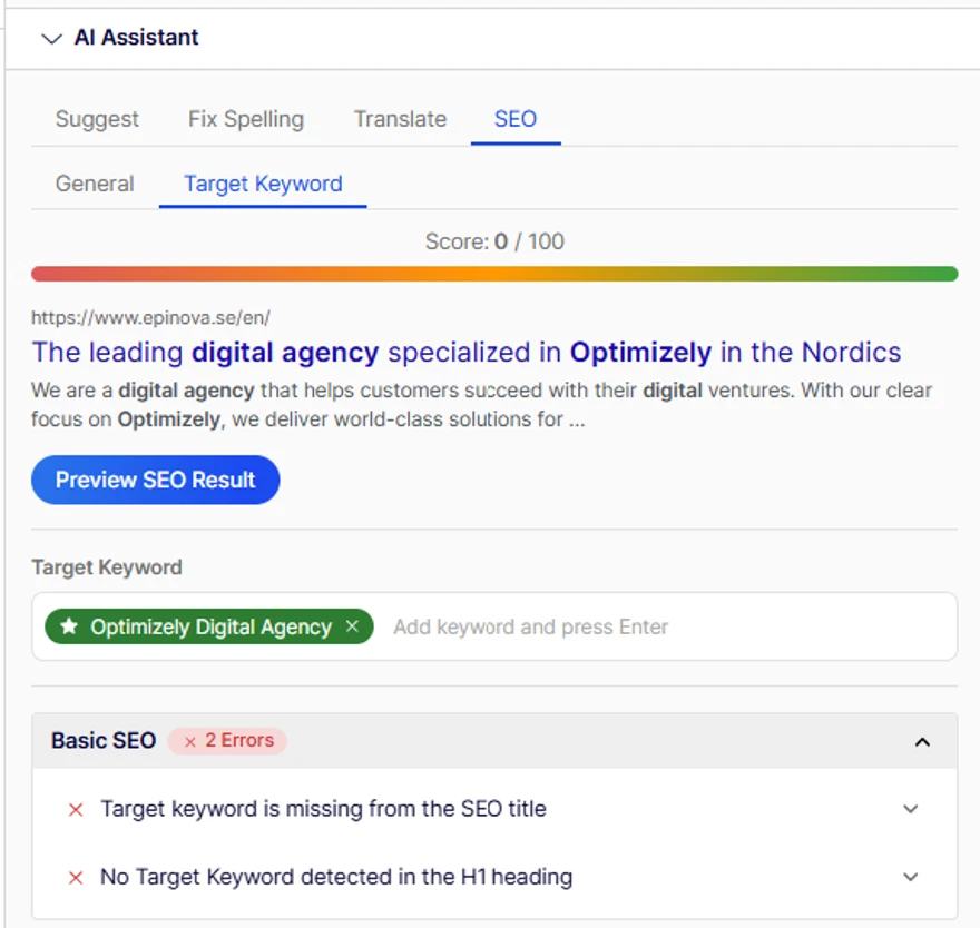 Skärmdump av ett SEO-verktyg för en digital byrå med målordet Optimizely Digital Agency och markeringar för SEO-fel.
