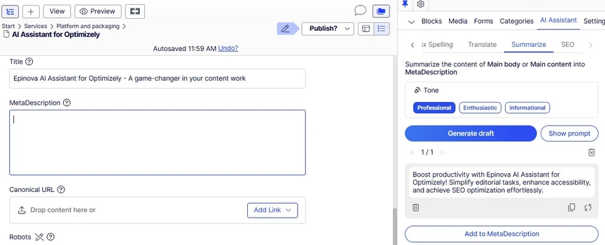 Screenshot of a content management interface showing fields for meta description, canonical URL, and an area to generate drafts and publish content