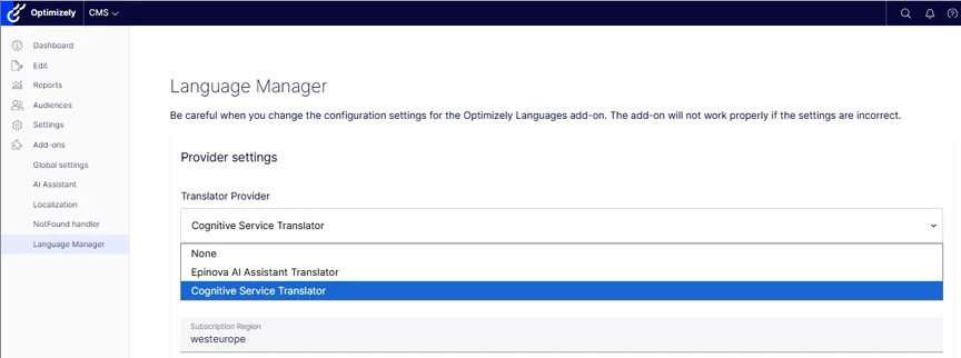 Screenshot of the Optimizely CMS interface showing the Language Manager section with a dropdown menu under 
