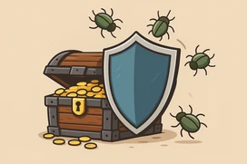 Treasure chest overflowing with gold coins, protected by a large blue shield, surrounded by green bugs