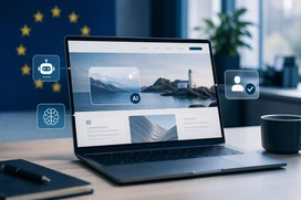 Laptop med AI-gränssnitt på skrivbord, med digitala ikoner för automatisering och användaridentitet. EU-flagga i bakgrunden och kaffekopp bredvid.