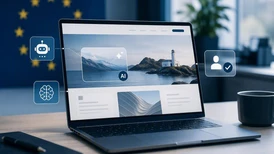 Laptop med AI-gränssnitt på skrivbord, med digitala ikoner för automatisering och användaridentitet. EU-flagga i bakgrunden och kaffekopp bredvid.