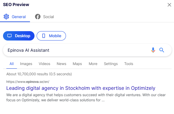 SEO preview interface showing a Google search result snippet for Epinova AI Assistant, with desktop and mobile tabs visible