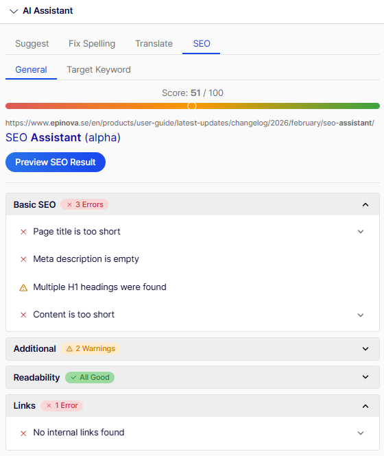 Screenshot of an SEO Assistant interface showing a score of 51 out of 100, with basic SEO errors, additional warnings, readability marked all good, and a links error