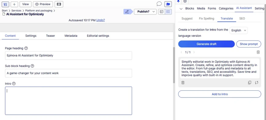 Screenshot of Optimizely CMs displaying options for editing page details, including fields for page heading, subheading, intro text, and buttons for generating output and publishing content