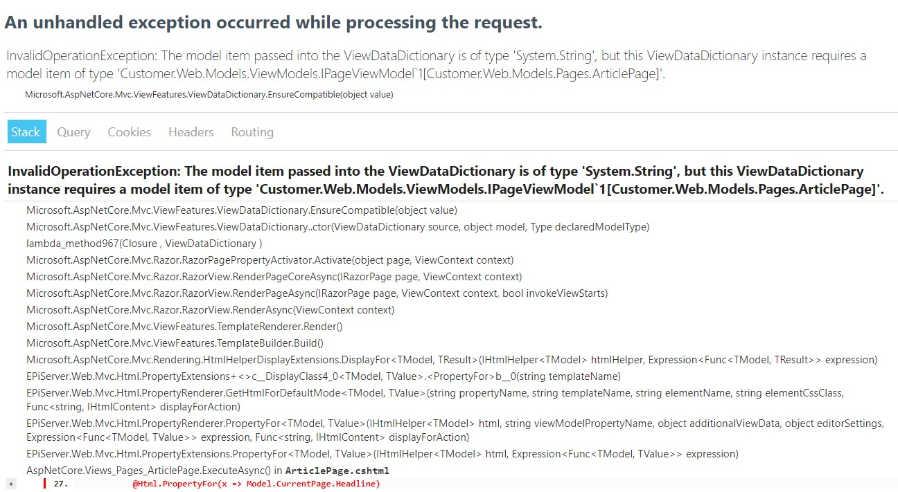 Screenshot of stacktrace