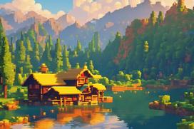 Image with a house by riverside in alp landscape
