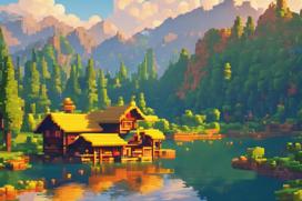 Image with a house by riverside in alp landscape