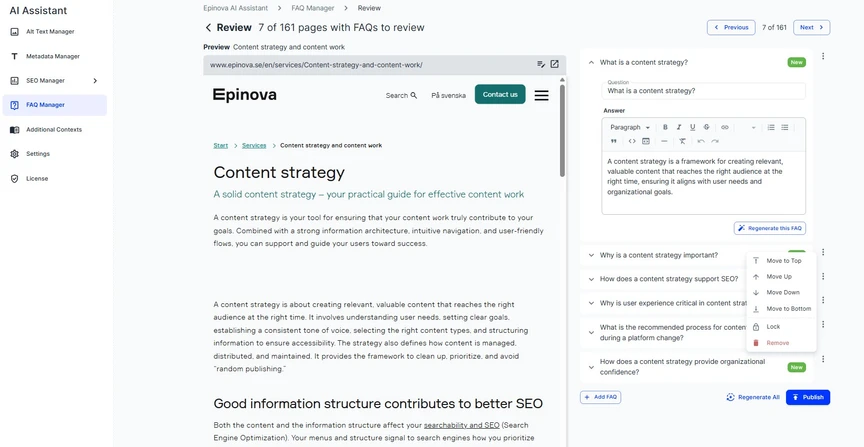 Screenshot of a FAQ page management interface showing options to review FAQ pages, with a preview of the FAQ page content titled 
