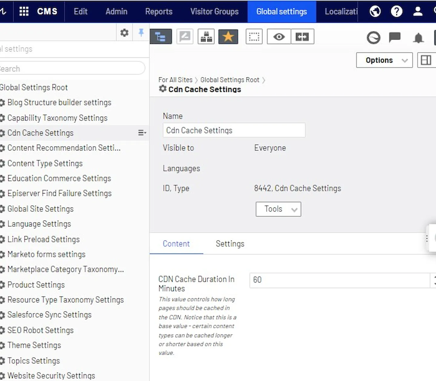 Screen shot showing the editorial interface for settings