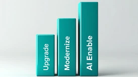 Vertical bars with the words Upgrade, Modernize, and AI Enable written on them, arranged in ascending height