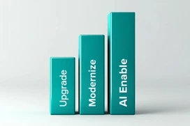 Vertical bars with the words Upgrade, Modernize, and AI Enable written on them, arranged in ascending height
