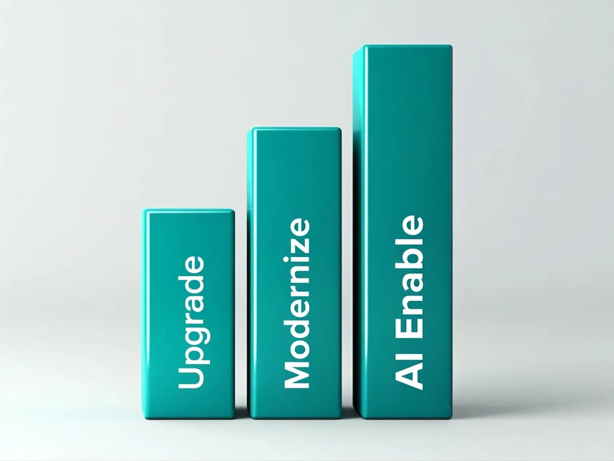 Turkosa stapeldiagram med tre kolumner märkta "Upgrade", "Modernize" och "AI Enable" mot en ljus bakgrund.
