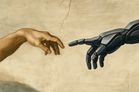 The index finger of a human hand meets the index finger of a robot hand
