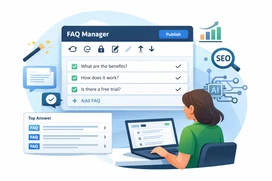 Illustration of a woman using a laptop beside an FAQ manager dashboard with publish button, FAQ list, SEO search icon, AI circuit graphic, and analytics chart.
