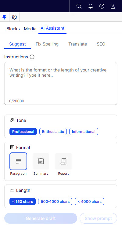 A mobile app screen showing an AI Assistant writing tool with tabs for Suggest, Fix Spelling, Translate, and SEO, plus tone, format, and length options