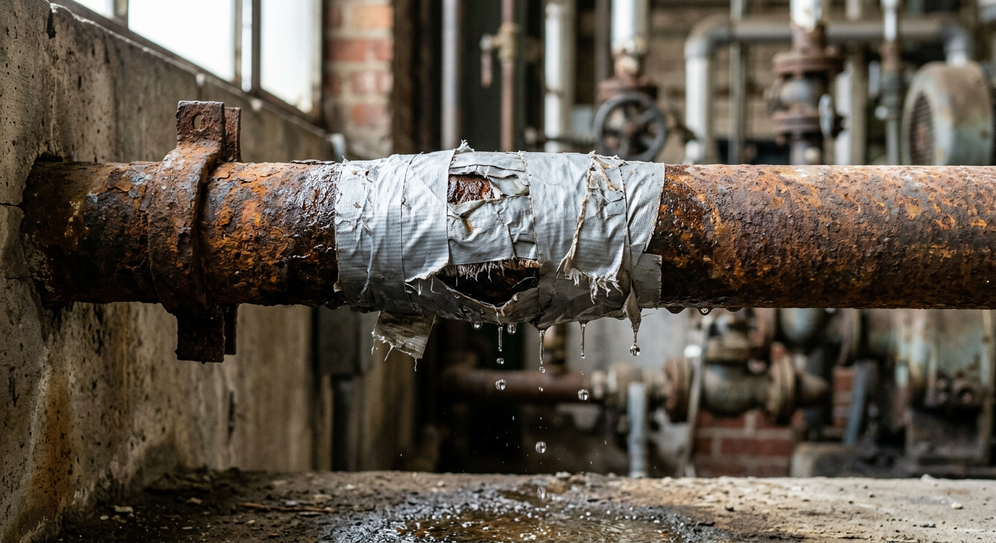 Duct tape on a rusty and broken water pipe.