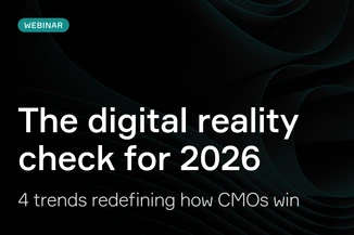 Webinar advertisement titled "The digital reality check for 2026" with the subtitle "4 trends redefining how CMOs win" on a dark abstract background.