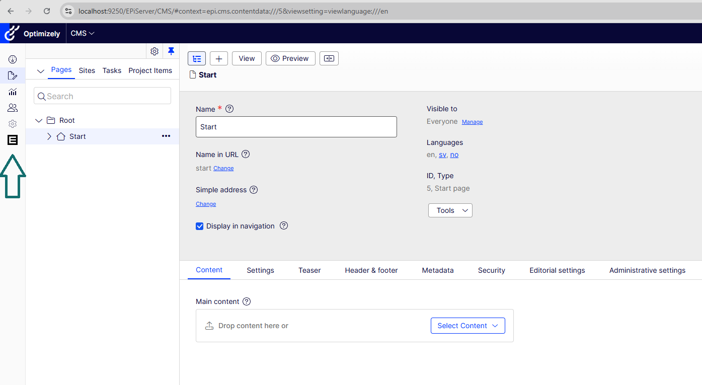 Screenshot of Optimizely CMS where the an icon in the left hand navigation has been changed.