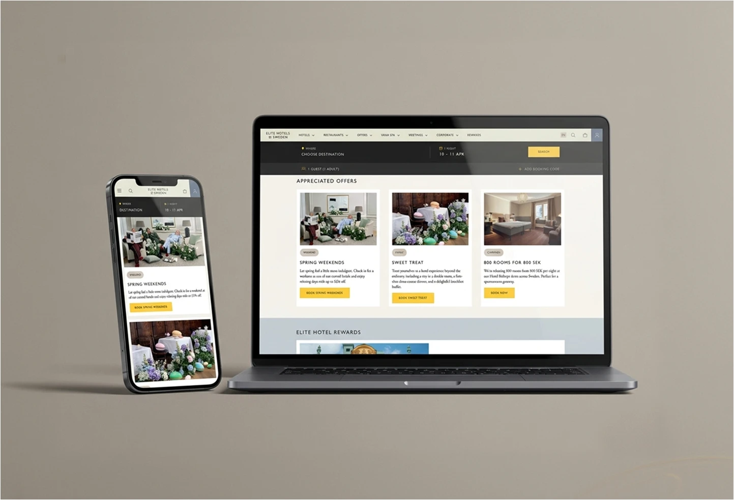 Elite Hotels website on a mobile and a laptop screen. 