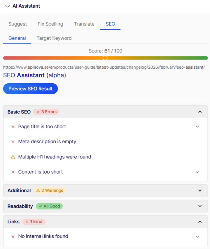 Skärmdump av en SEO-assistent med poängmätare och varningar för kort sidtitel, tom metabeskrivning och kort innehåll.