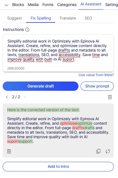 Screenshot of a text editing interface in Optimizely with Epinova AI Assistant, showing editor tools for text creation, refinement, and optimization