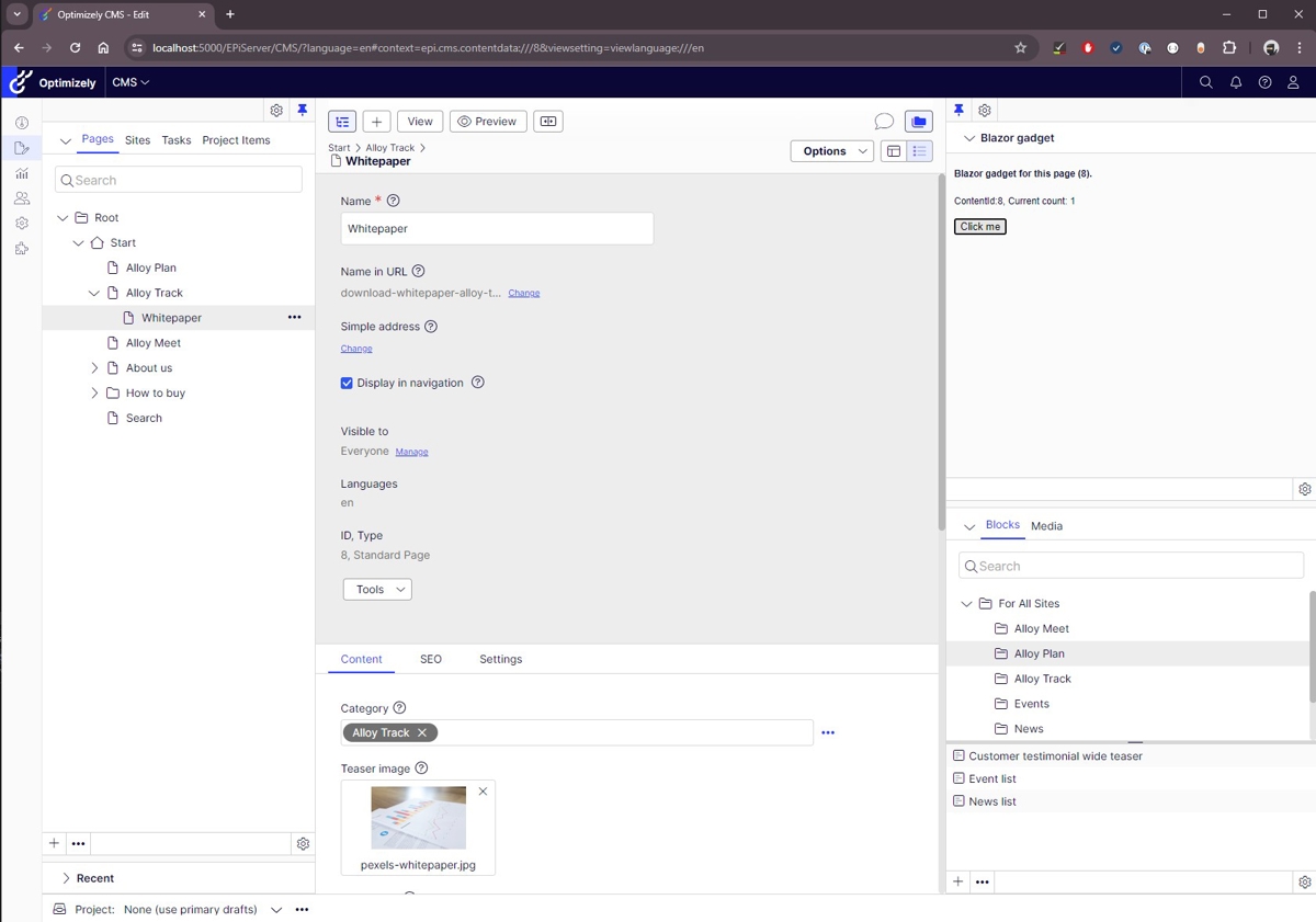 Blazor component as a Gadget in the assests pane