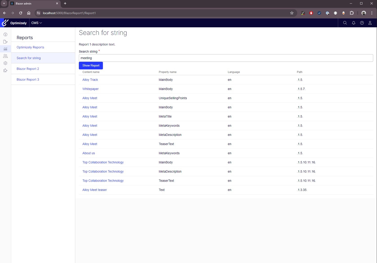 Blazor component report