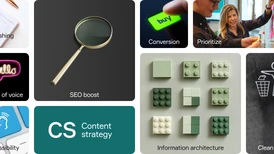 Collage som illustrerar innehållsstrategielement, inklusive en publiceringsplan, förstoringsglas för SEO-boost, neon-"hej" för tonfall, tillgänglighetssymbol, konverteringsknapp, bitar som representerar informationsarkitektur och en rensningsikon, tillsammans med individer som prioriterar uppgifter.