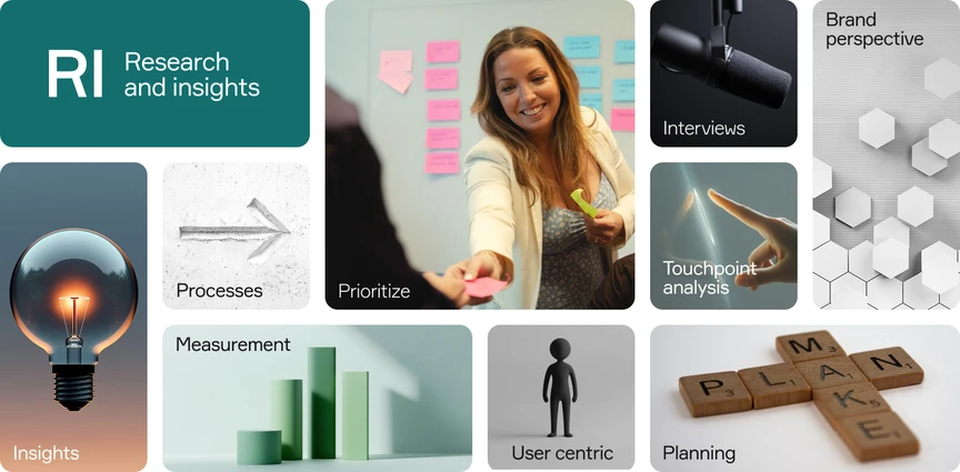 collage woman smiling, scrabble and light bulb